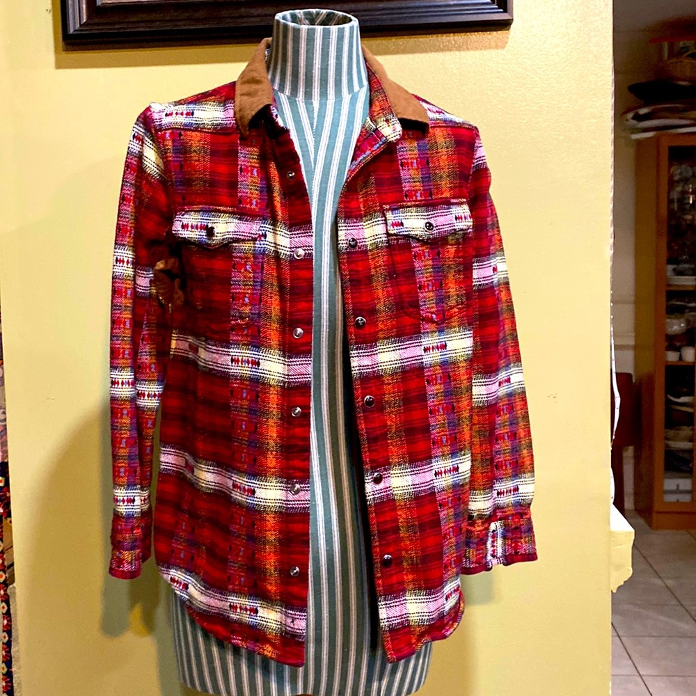 Art class boys longsleeve snap-front flannel shirt with faux leather trim.